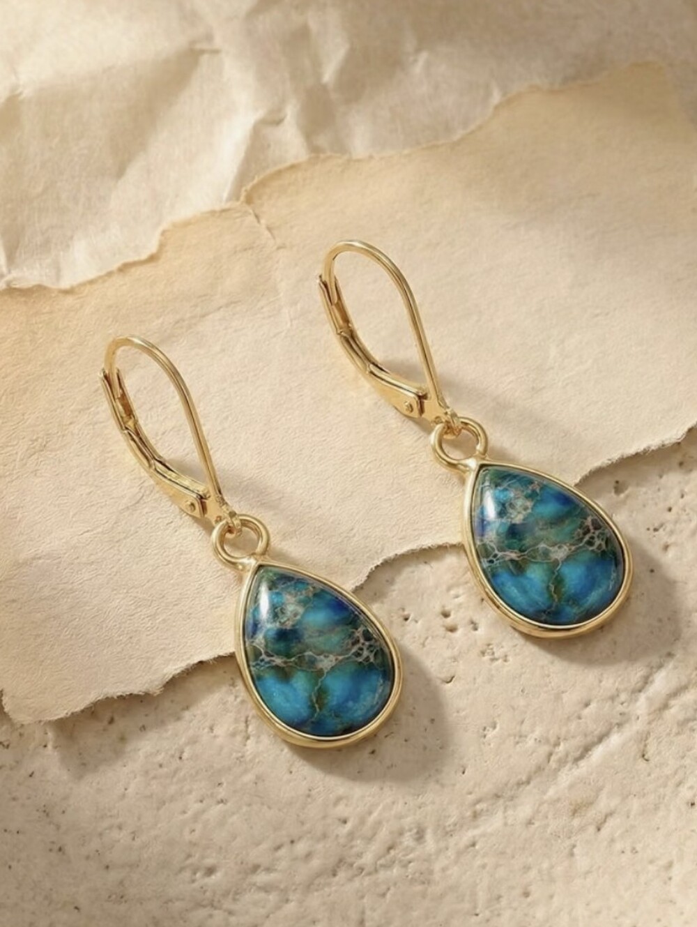 Gold Teardrop Blue Stone Dangle Earrings